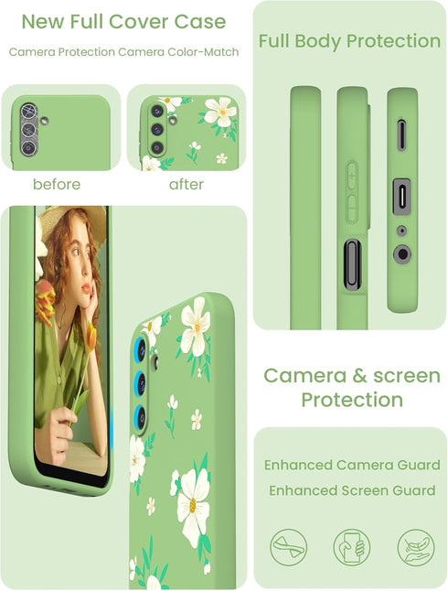 for Samsung Galaxy A15 5G Case, Girls Women Florals Liquid Silicone Phone Case, Shockproof Anti-Scratch Soft Protection Case with 2X Screen Protec...