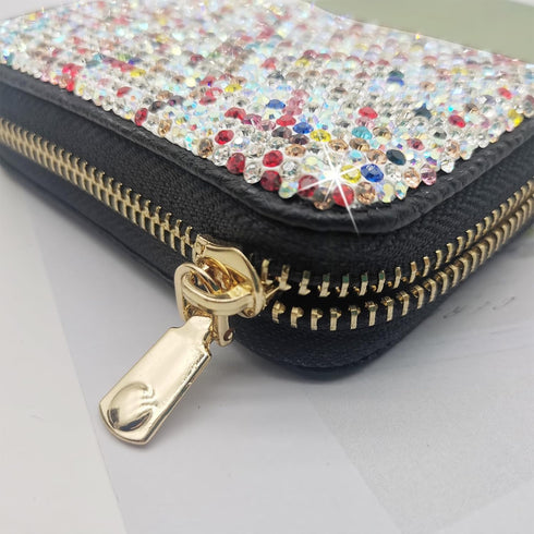 Bling Credit Card Case RFID Leather Wallet Multilayer Zipper Case Rhinestone Credit Card Holder Women's Small Credit Card Wallet (Rainbow)...