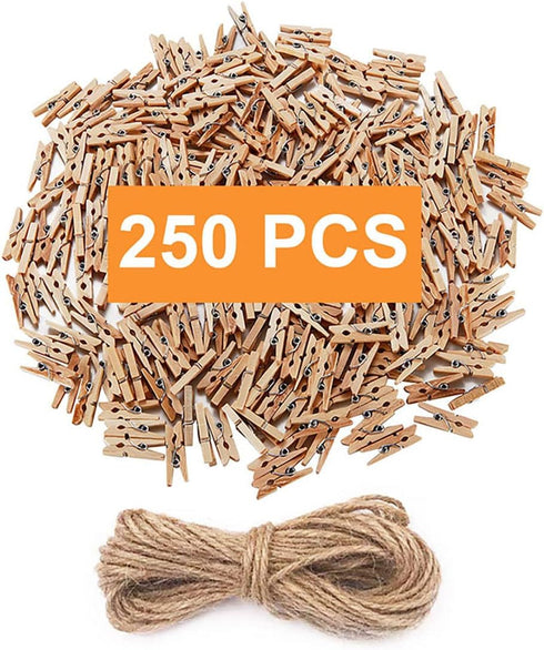 Mini Clothespins, Mini Natural Wooden Clothespins with Jute Twine, Multi-Function Clothespins Photo Paper Peg Pin Craft Clips (Natural 250 Pcs)...