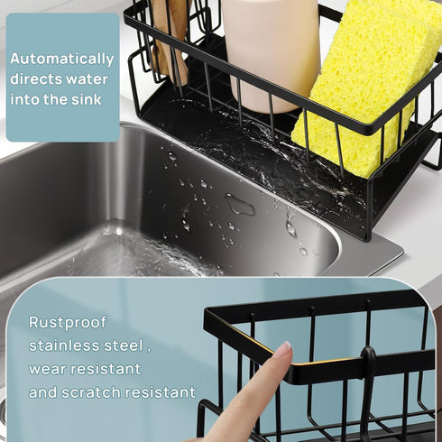 Sink Caddy Kitchen Sink Organizer, Rustproof Sponge Holder with Brush Holder and Dish Cloth Hange, Self-Draining Soap Dispenser Storage with Divid...