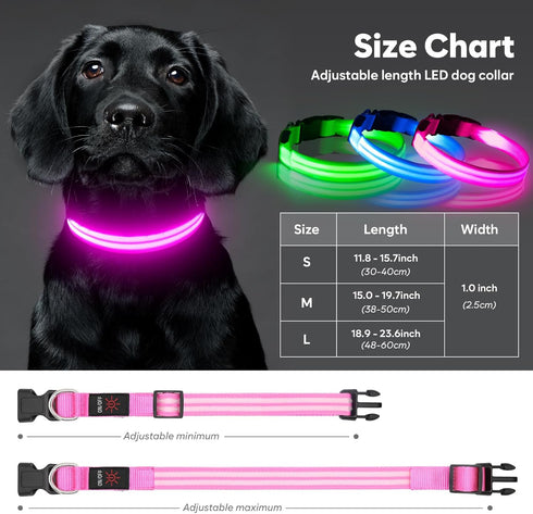 LED Dog Collar - HIGO USB Rechargeable Light Up Dog Collars, Pet Safety Collar Light Makes Your Dogs Be Seen at Night for Large Dogs (Pink, Large)...