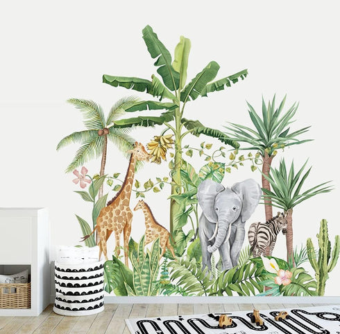 Runtoo Tropical Jungle Animal Wall Decals Giraffe Elephant Plants Wall Stickers Kids Room Bedroom Wall Decor...