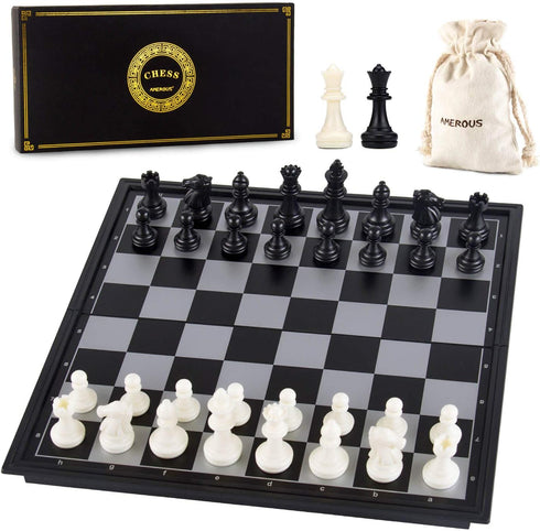 AMEROUS 10 Inches Magnetic Travel Chess Set with Folding Chess Board - 2 Extra Queens - Storage Bag for Pieces - Instructions for Beginner, Kids a...