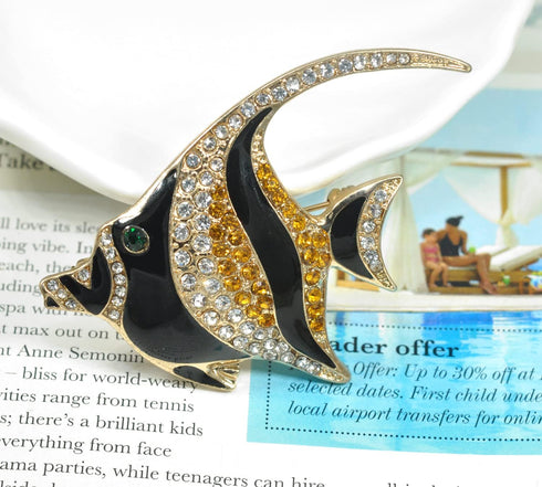 Gyn&Joy Golden Tone Topaz Crystal Rhinestones Enamel Sea Animal Tropical Ocean Fish Pin Brooch...