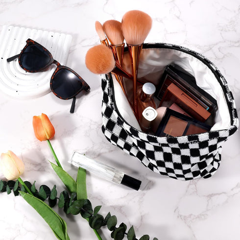 Checkered Makeup Bag for Women Large Capacity Black Travel Cosmetic Bag Set Makeup Pouch for Purse Zipper Toiletry Organizer Cute Y2K Aesthetic Tr...
