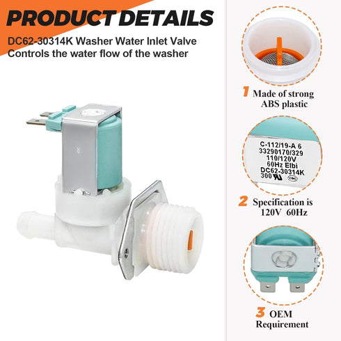 DC62-30314K Washer Water Inlet Valve by Beaquicy - OEM Hot Water Inlet Valve - Replacement for Sam-sung Ken-more Washing Machine - Repalces DC62-30314H 1810145 AP4204535 PS4209100