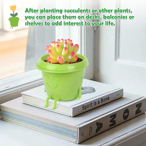 2-Pack Smiling Cute Plant-Pots - Plastic Funny Face Flower Pots with Drainage, Unique Cute Planters for Indoor Plants, Gifts for Plant Lovers...