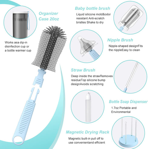 Travel Baby Bottle Brush Set with Bottle Cleaner Brush Set and Drying Rack,Gift for newborn mothers, Suitable for travel and Home(Blue)...