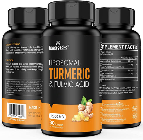 2000 mg Liposomal Turmeric Curcumin with Black Pepper & Ginger for Superior Absorption with Fulvic Acid and Humic Acid (60 Count (Pack of 1))...
