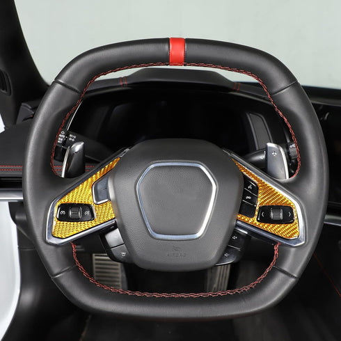 Real Carbon Fiber Steering Wheel Button Cover Sticker Compatible with Corvette C8 2020-2023, Car Steering Wheel Panel Protection Frame Sticker Tri...