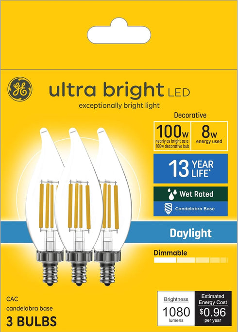 GE Ultra Bright LED Light Bulbs, 100W, Daylight Candle Lights, Clear Decorative CA12 Light Bulbs, Candelabara Base (3 Pack)...