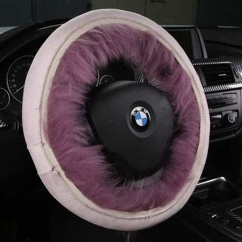 3Pcs Set Fashion Fluffy Fuzzy Wool Fur Soft Car Steering Wheel Cover with Handbrake Cover & Gear Shift Cover for Women/Girls/Ladies Auto Long Wool...