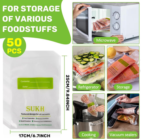 Sukh 50PCS Food Vacuum Bags - Vacuum Seal Bags for Food,Food Sealer Bags,Sealer Bags,Food Saver Vacuum Bags,Food Saver Bag,BPA Free Precut Bags fo...