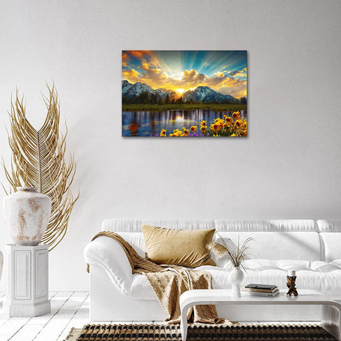 SKASNFAI Grand Teton National Park Wall Art Sunflower Landscape Canvas Mountain Artwork Landscape Print for Living Room Framed (12x16 inch)...