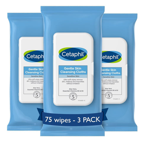 Cetaphil Face and Body Wipes, Gentle Skin Cleansing Cloths, 25 Count (Pack of 3), for Dry, Sensitive Skin, Flip Top Closure, Great for the Gym, Hy...