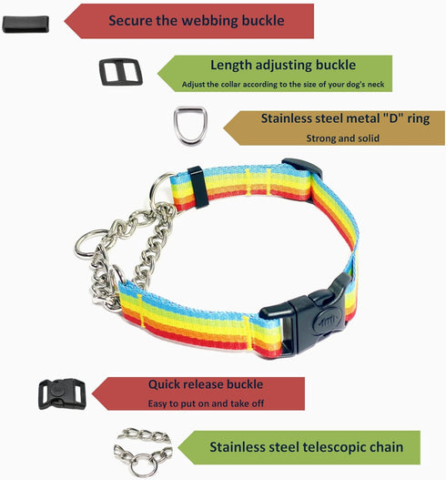 Martingale Collar for Dogs,Adjustable Nylon Collars with Quick Release Buckle,Multicolor Stripe,Stainless Steel Chain NO Pull Training Collars for...