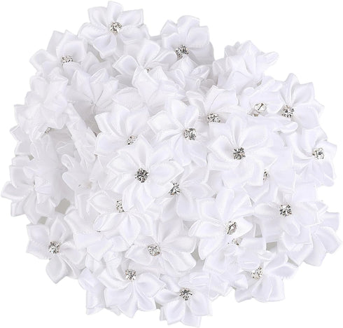 100 PCS Flower Applique Satin Ribbon Flowers Craft Mini Flowers Ribbon Flowers Hair Accessories Flower Embellishments White Graduation Cap Flowers...