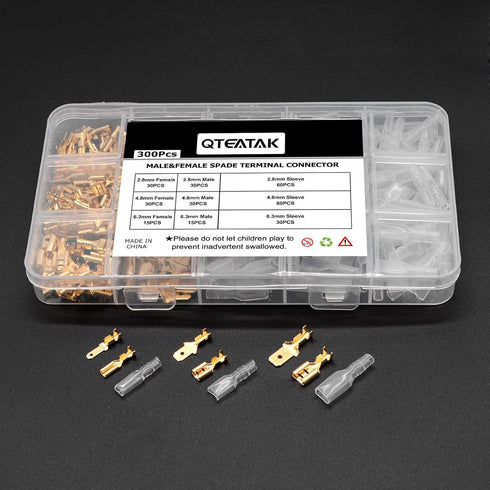 QTEATAK 2.8,4.8,6.3mm Golden Quick Splice Male and Female Wire Spade Crimp Terminal Connectors Assortment Kit with Insulating Sleeve(300Pcs)...