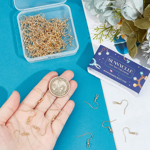 SUNNYCLUE 1 Box 150Pcs Real 18K Gold Plated Earring Hooks French Earring Hooks Bulk Fish Hook Earwires with Coil Ball Ear Wire Earrings Finding fo...
