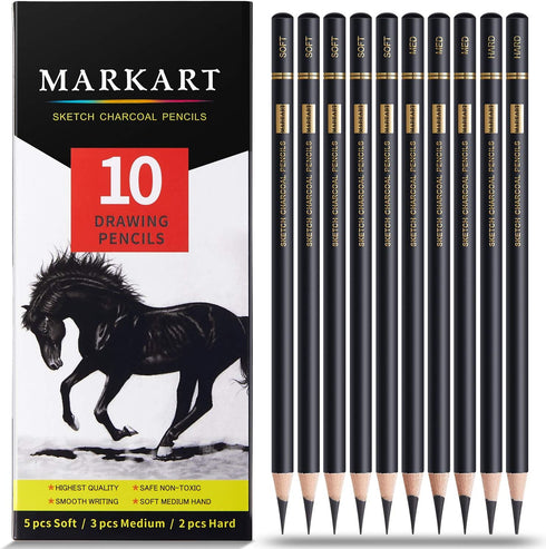 Professional Charcoal Pencils Drawing Set - 10 Pieces Soft Medium and Hard Charcoal Pencils for Drawing, Sketching, Shading...