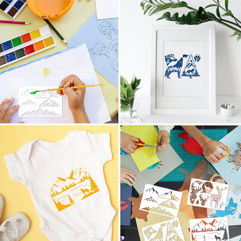 6pcs Mountain Stencils for Painting on Wood, Reusable Wood Burning Stencils Pine Tree Wildlife Deer Template Forest Pattern Stencils for Wall Draw...