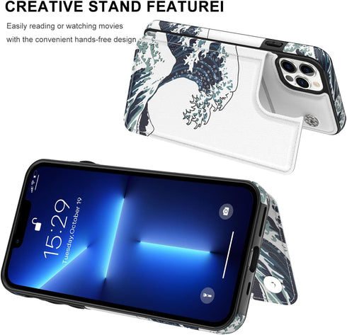 LETO for iPhone 13 Pro Case,Luxury Flip Folio Leather Wallet Cover with Fashion Designs for Girls Women,Built-in Card Slots Kickstand Protective P...