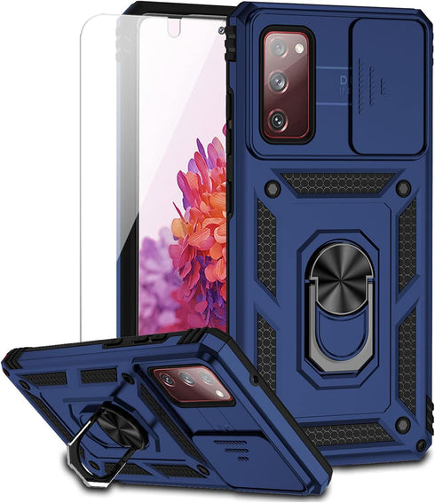 for Samsung Galaxy S20 FE 5G Case with Camera Lens Cover HD Screen Protector, Military-Grade Drop Tested Magnetic Ring Holder Kickstand Protective...