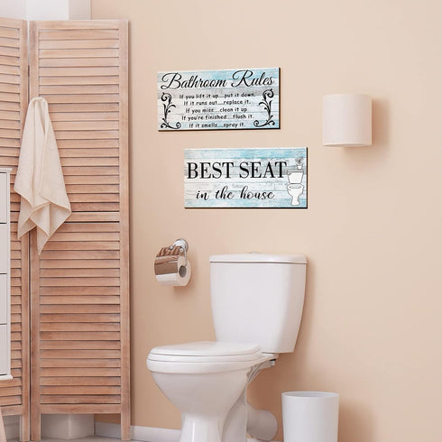 Jetec 2 Pieces Funny Bathroom Pictures Wall Sign Decor Farmhouse Bathroom Rule Wall Art Toilet Rustic Decoration Best Seat Wooden Sign(Fresh Style...