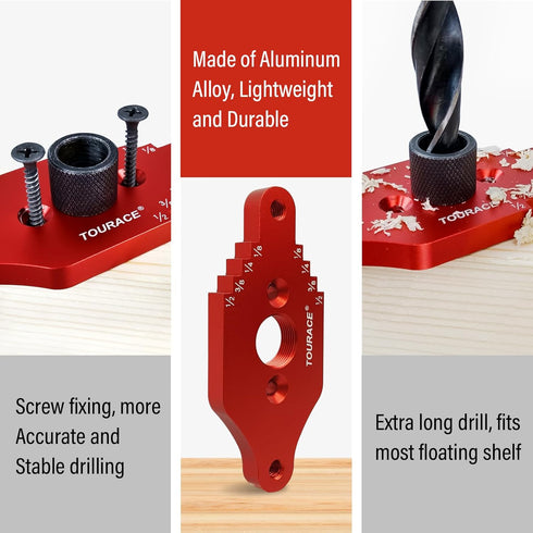 TOURACE Adjustable Drill Jig with Drill Bit for Floating Shelf, Portable Dowel Drill Guide Jig, Biscuit & Plate Joiner Woodworking Tool, Pocket Sc...