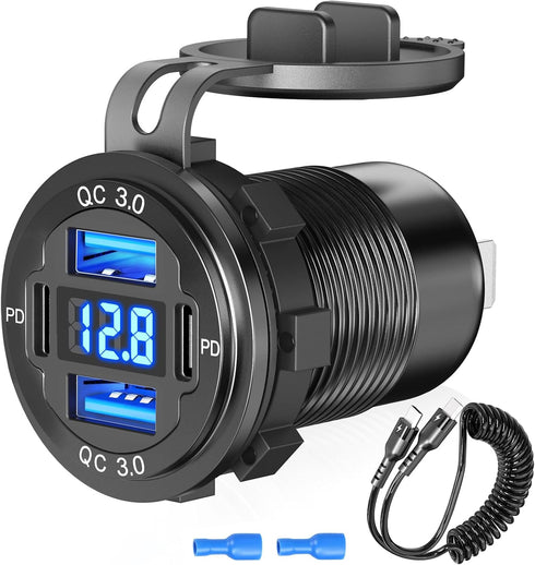 12V USB C Outlet 78W 4 Ports Aluminum Car Charger Socket, Dual PD 30W and Dual QC 18W Car USB Port 12V Charger with Voltmeter and C to C Cable, Su...