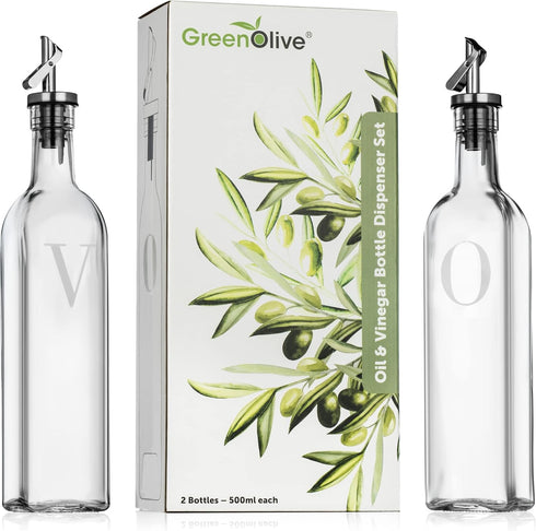 GREENOLIVE Olive Oil and Vinegar Dispenser Set - 17 oz. Glass Bottles with No-Drip BPA-Free Spouts - Stylish O and V Identifiers for Kitchen and D...