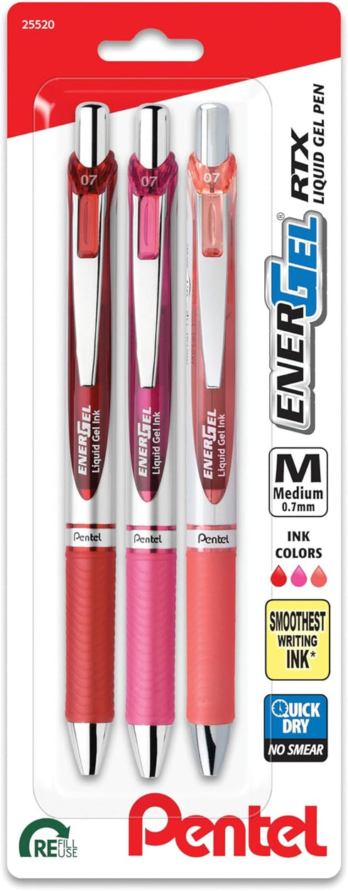 EnerGel RTX Retractable Liquid Gel Pen, 0.7mm, Journaling Hue, Red, Pink and Coral Ink, Pack of 3 Pens (BL77RBJBP3M)...
