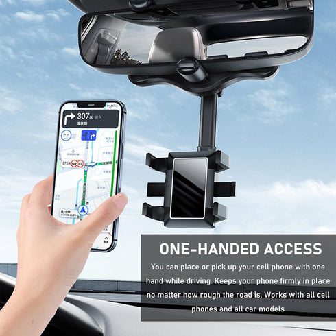 Rear View Mirror Phone Holder, 360° Rotatable and Retractable Phone Mount for Car, Anti-Shake Cell Phone Holder for Auto Fit All Mobiles, Universa...