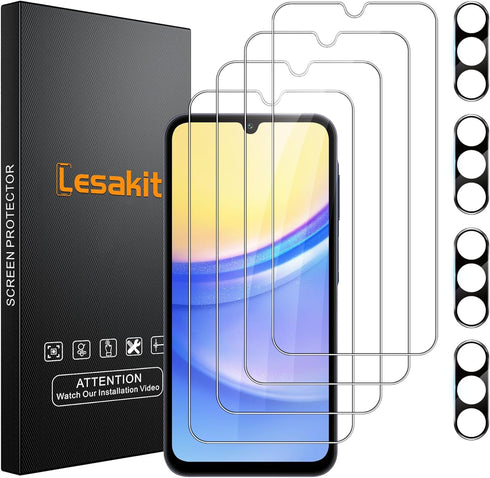 4+4 Pack Samsung Galaxy A15 5G Screen Protector, 4 Pack Tempered Glass Screen Protector with 4 Pack Camera Lens Protector, 9H Hardness Anti-Finger...
