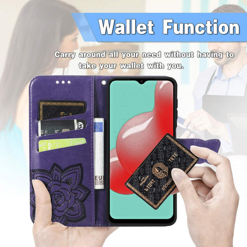 PU Leather Wallet Flip Protective Phone Case with Wrist Strap Card Slots Holder Pocket Emboss Butterfly Flower Stand Case for Samsung Galaxy A32 5...