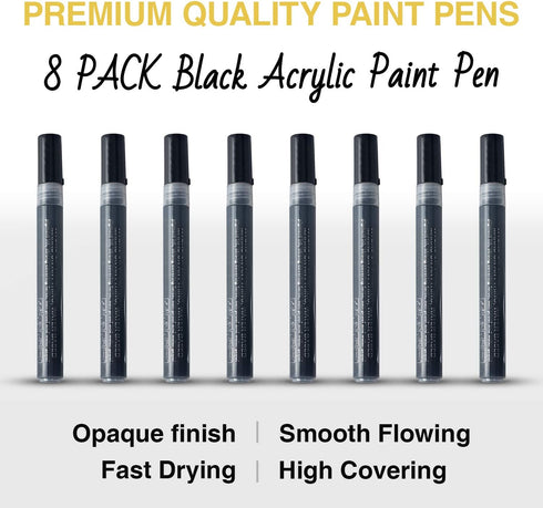 AKARUED Black Acrylic Paint Markers, 8 Pack Acrylic Black Paint Pen Sets for Rock Painting, Wood, Stone, Glass, Ceramic, Paper, Drawing, Art Proje...