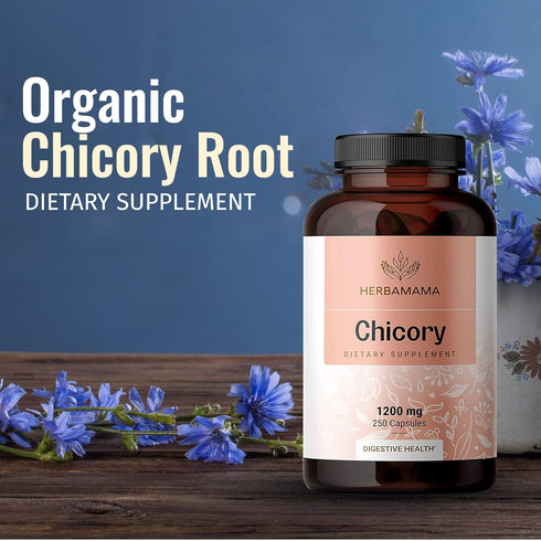 HERBAMAMA Organic Chicory Root Supplement - Support Digestion, Gut Health & Liver w/Inulin, a Prebiotic Fiber Supplement - Brain & Immunity Suppor...