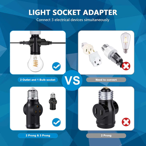 Lamp/Light Bulb Adapter, Black, E26/E27 to 2/3 Prong Plug Splitter for Indoor/Outdoor Use...