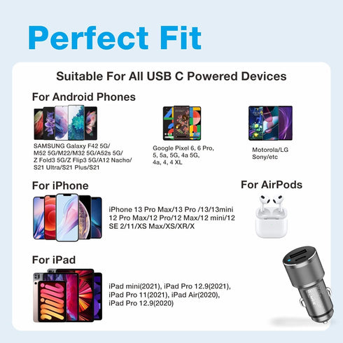 MOCA for iPhone 38W Fast Car Charger, Dual Port USB C Power Delivery All Metal Lighter PD/QC3.0 Car Charger with 2Pack PD Lightning Cord Quick Cha...