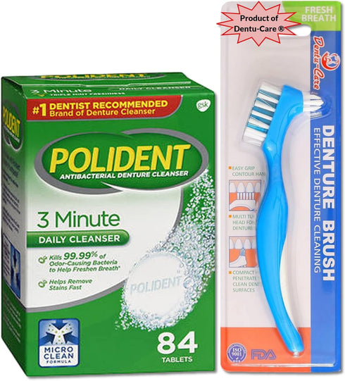 Dentu-Care & Polident 84 Tablets bundle with Dentu-Care Denture Brush for Maintaining Good Oral Care for Full Partial Dentures...
