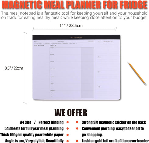 Weekly Meal Planner with Recipes and Grocery List Magnetic Notepad For Fridge - 8.5x11'' Menu Planning Pad With 54 Sheets Tear Off Shopping List F...