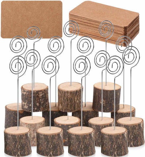 20Pcs Premium Wood Place Card Holders with Swirl Wire and 30 Pcs Kraft Place Cards, Memo Holder, Table Number Holders Stands, Name Cards Photo Hol...
