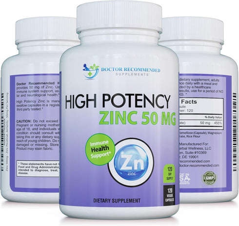 Zinc 50mg - Zinc Picolinate Immune Health Support Supplement 120 Veggie Capsules for Adults and Kids Vitamin, Well-Absorbed High Potency Pure Zinc...