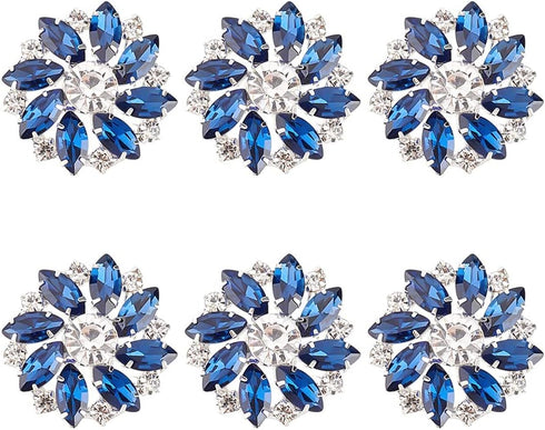 FINGERINSPIRE 6PCS 26.5MM Flower Brass Rhinestone Shank Buttons Montana Blue Color Sew On Buttons with 1-Hole and Flat Back, Fashion Claw Rhinesto...