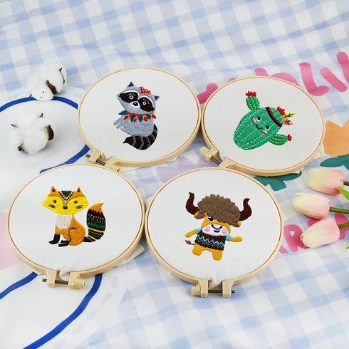 Locisne 4 Set Embroidery Stitching Kits, 6 Inch Animal Embroidery Pattern Beginner Embroidery Kit, Embroidery Materials All Contain, Craft Sewing ...