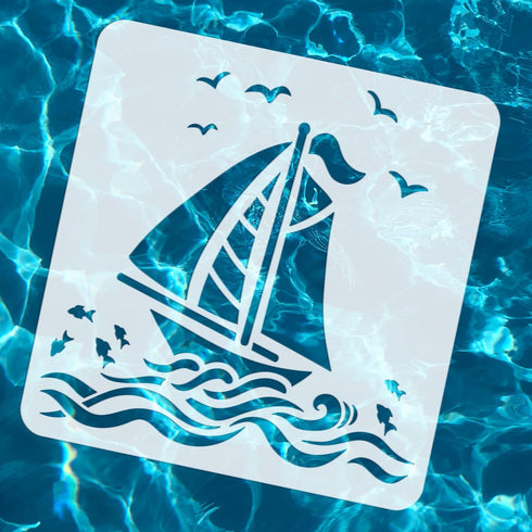 FINGERINSPIRE Nautical Sailboat Stencil for Painting 11.8x11.8 inch Hollow Out Seagulls Sea Fish Craft Stencil Reusable Sea Water Wave Stencil Boa...
