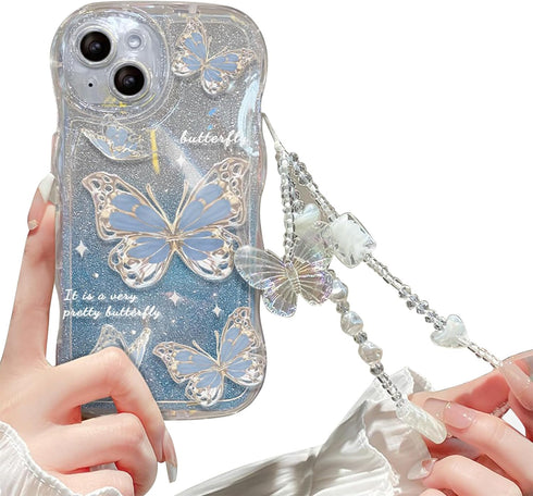 Compatible with iPhone 13 Mini Case for Women/Girls, Cute Butterfly Glitter Bling with Bracelets Anti-Scratch Shockproof Case for iPhone 13 Mini, ...