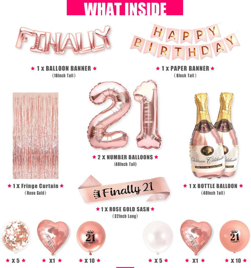 21st Birthday Party Decorations for Her Rose Gold Supplies Big Set with Birthday Banner and 21 BDay Digit Balloons for Women Including Latex and C...