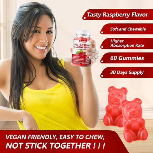 Potassium Magnesium Supplement Gummies for Adults Kids, Sugar-Free Potassium Citrate Gummies Supports Leg Cramps & Muscle & Heart Health, Vegan Ma...