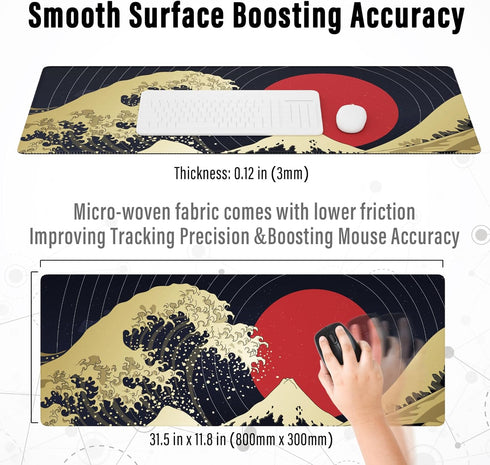 Ovenbird Extended Gaming Computer Mouse Pad, Large Black Red Mouse Pad for Desk, Cute Anime Japanese Great Wave Desk Pad for Keyboard and Mouse, R...